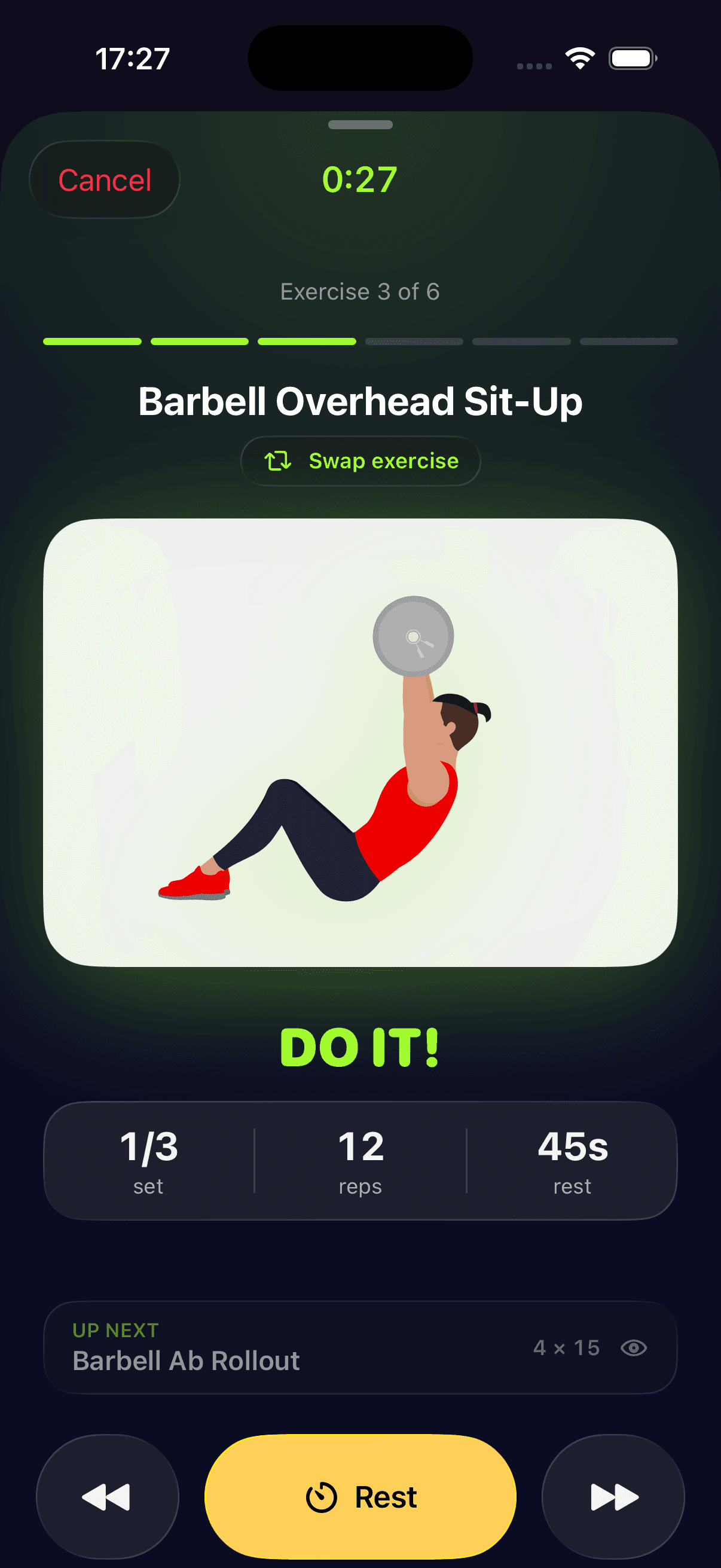 Gymaniacs workout player — animated exercise demo, timer, sets and reps